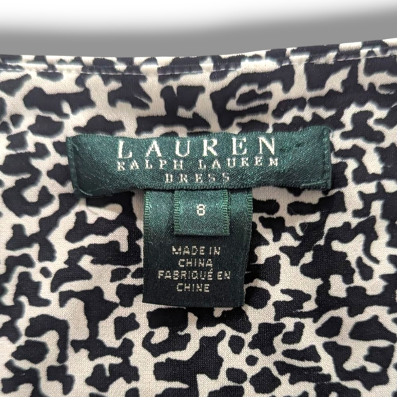 Lauren Ralph Lauren Black White Printed Ruched A Line Jersey Knit Dress Size 8 - Picture 3 of 12